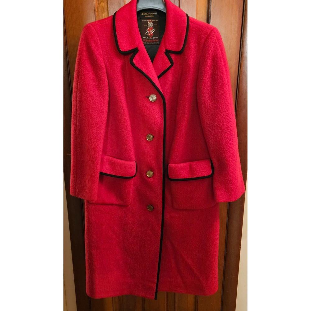 Erika Vienna Red Himalaya Wool Coat Black Trim Tyrolean Loden Co Austria Vintage